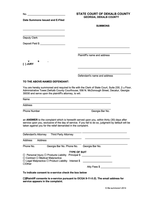 Summons (State Court Of Dekalb County) Printable pdf