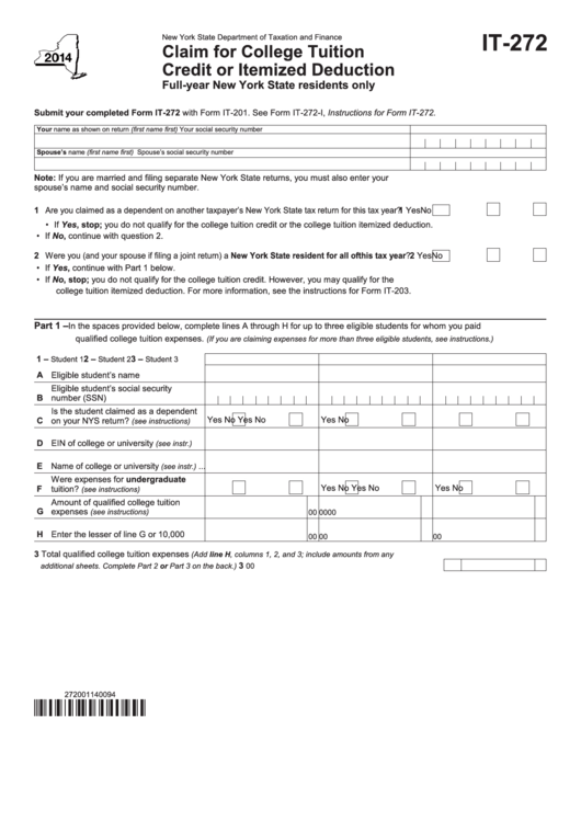 Form It-272, 2014, Claim For College Tuition Credit Printable pdf