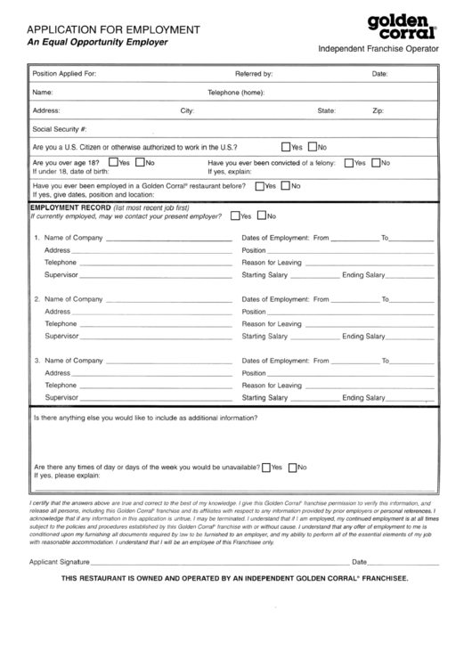 Fillable Application For Employment printable pdf download