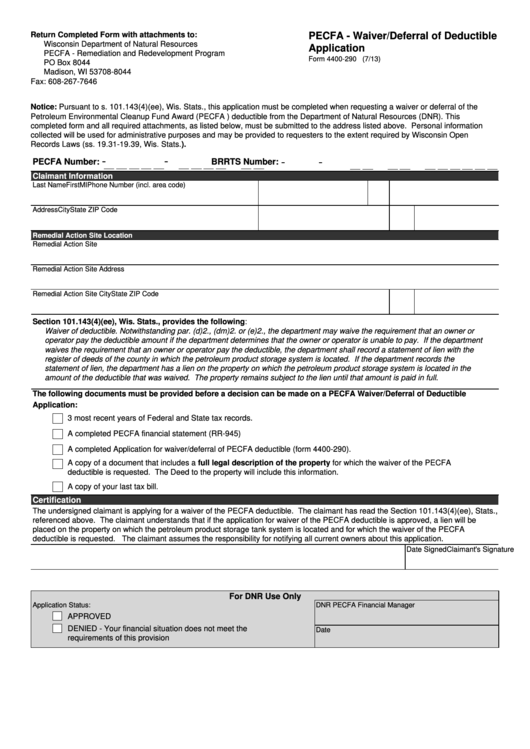 Form 4400-290, Pecfa - Waiver/deferral Of Deductible Application Printable pdf