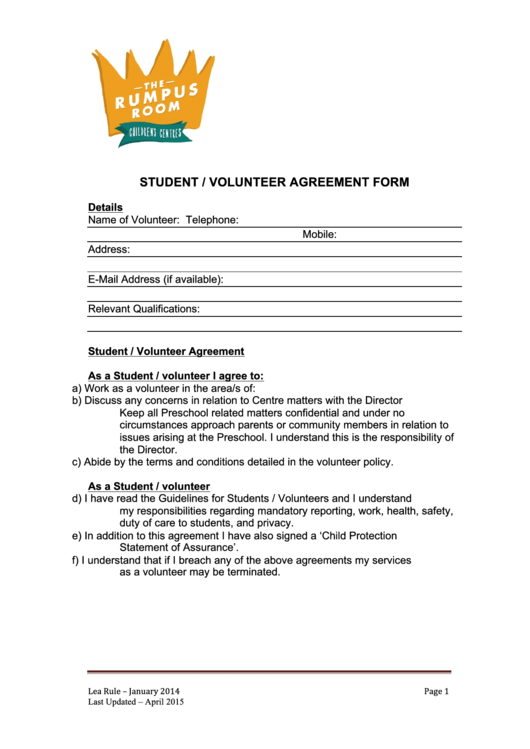 Student / Volunteer Agreement Form Printable pdf