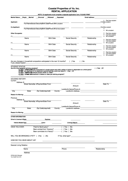 Rental Application Form And Applicant/resident Release And Consent Form Printable pdf