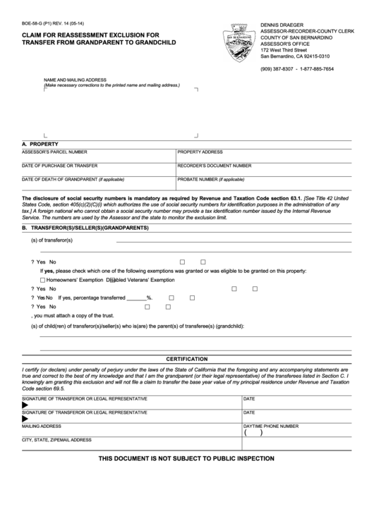 Fillable Form Boe -58-G - Claim For Reassessment Exclusion For Transfer From Grandparent To Grandchild Printable pdf