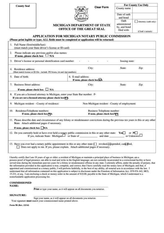 Fillable Application For Michigan Notary Public Commission - Michigan Secretary Of State Printable pdf