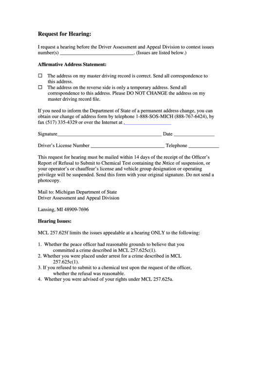Request For Hearing Printable pdf