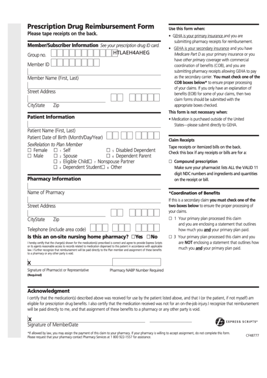 Form Cf48777 - Prescription Drug Reimbursement Form Printable pdf