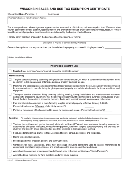 June 2007 S-211 Wisconsin Sales And Use Tax Exemption Certificate Sns-Brigh10