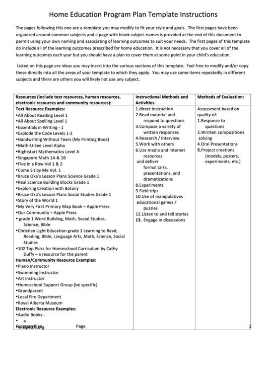 Home Education Program Plan Printable pdf