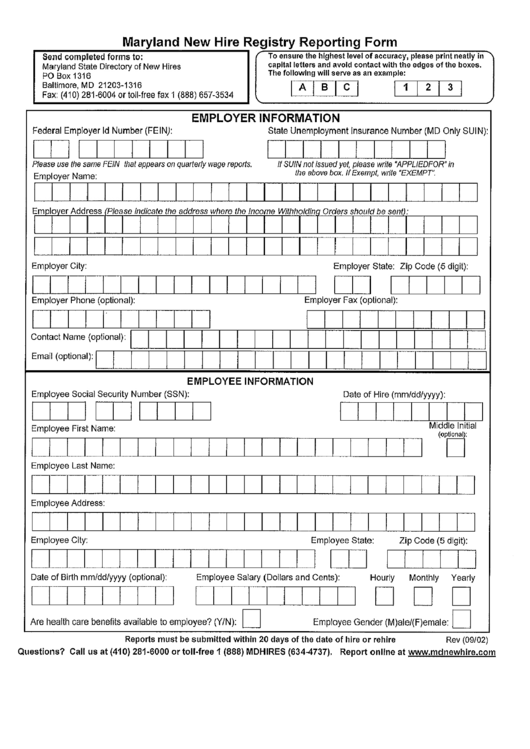 Maryland New Hire Registry Reporting Form Printable pdf