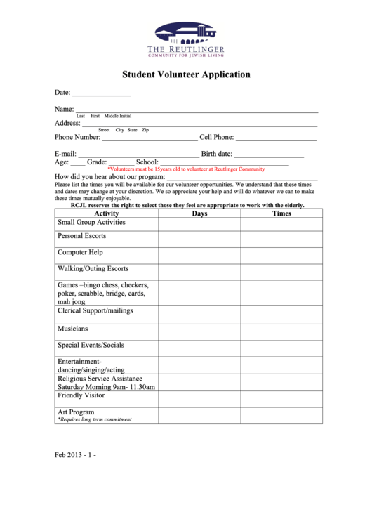 Student Application Form Printable pdf
