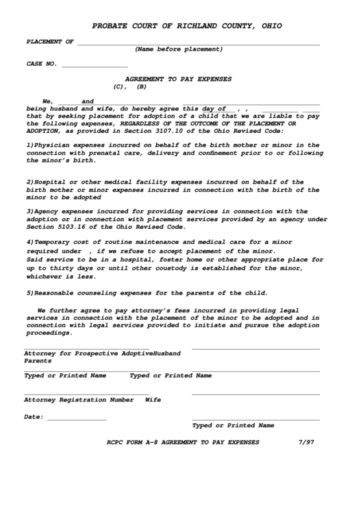 Fillable Rcpc Form A-8 Agreement To Pay Expenses Printable pdf