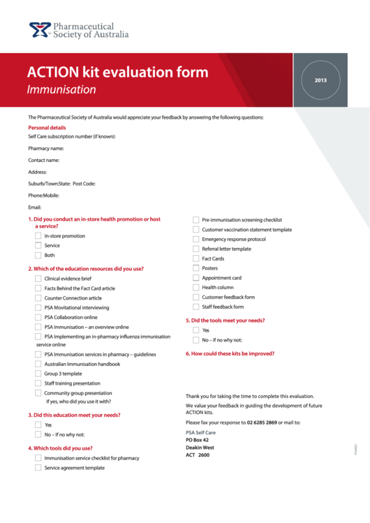 Action Kit Evaluation Form - Immunisation Printable pdf