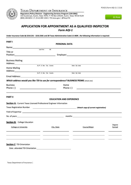 Fillable Form Aqi-1, Application For Appointment Printable pdf