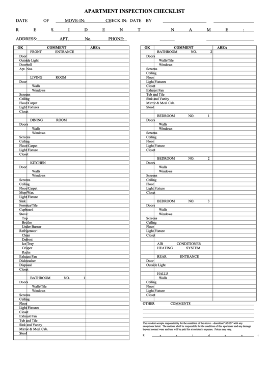 Apartment Inspection Checklist Printable pdf