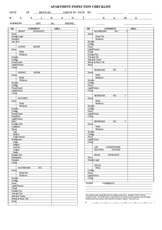 Apartment Inspection Checklist Printable Pdf Download