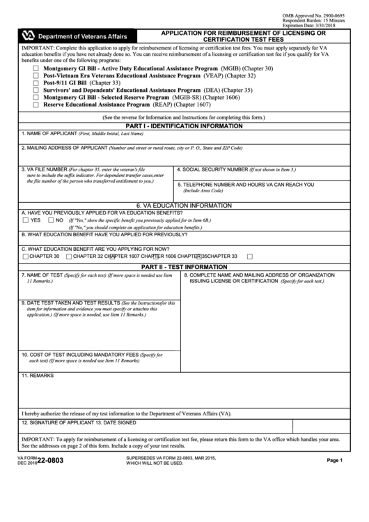 Fillable Va Form 22-0803 - Application For Reimbursement Of Licensing Or Certification Test Fees Printable pdf