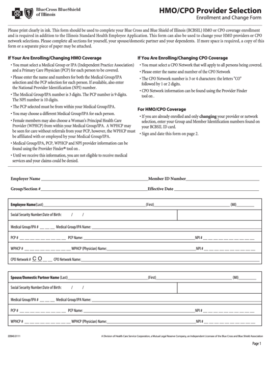 Fillable Form 22840.0111 - Enrollment And Change Form Printable pdf