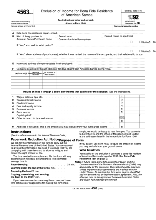 Form 4563 - Exclusion Of Income For Bona Fide Residents Of American Samoa (1992) Printable pdf