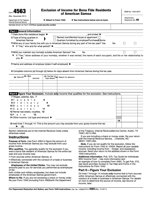 Fillable Form 4563 (Rev. December 2011) - Exclusion Of Income For Bona Fide Residents Of American Samoa Printable pdf