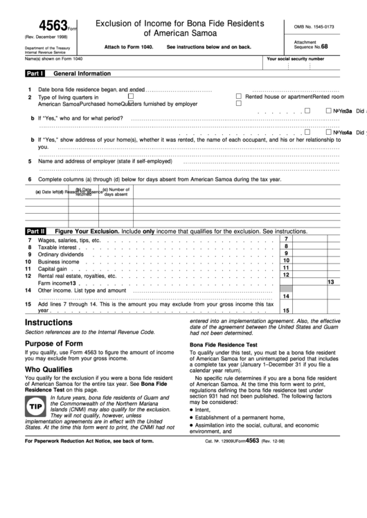 Fillable Form 4563 (Rev. December 1998) - Exclusion Of Income For Bona Fide Residents Of American Samoa Printable pdf