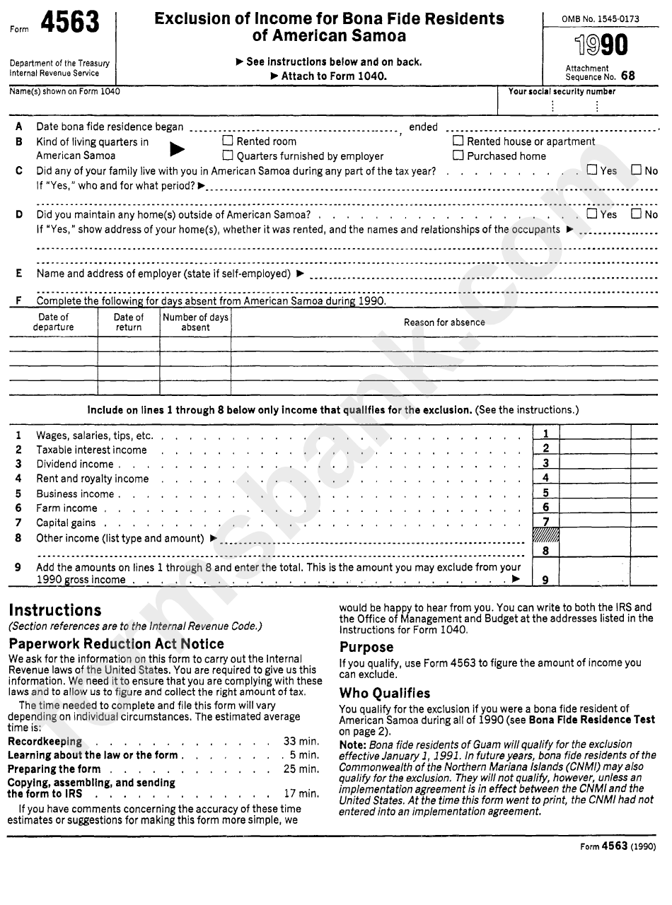 Form 4563 (1990) - Exclusion Of Income For Bona Fide Residents Of American Samoa