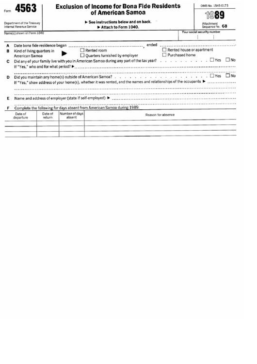 Form 4563 (1989) - Exclusion Of Income For Bona Fide Residents Of American Samoa Printable pdf