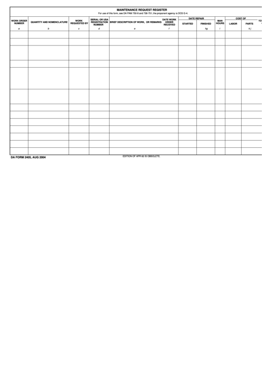 Fillable Maintenance Request Register Printable pdf