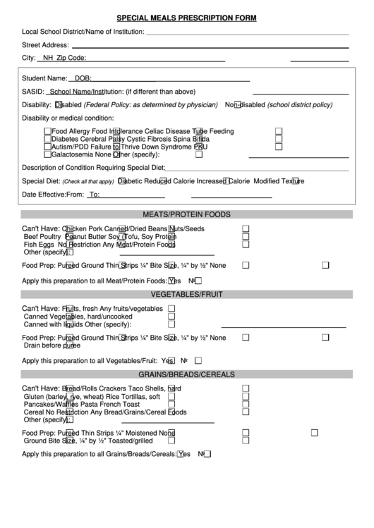 Special Meals Prescription Form Printable pdf