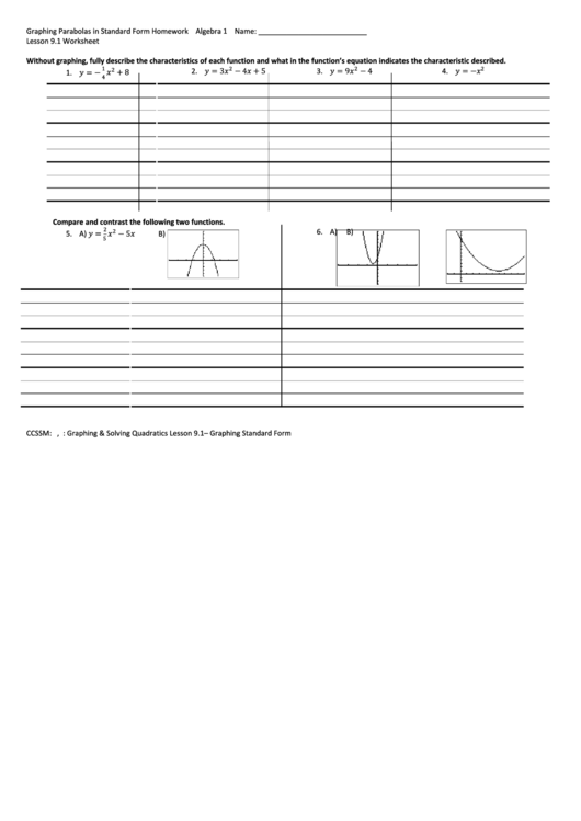 Graphing Parabolas In Standard Form Homework Printable pdf