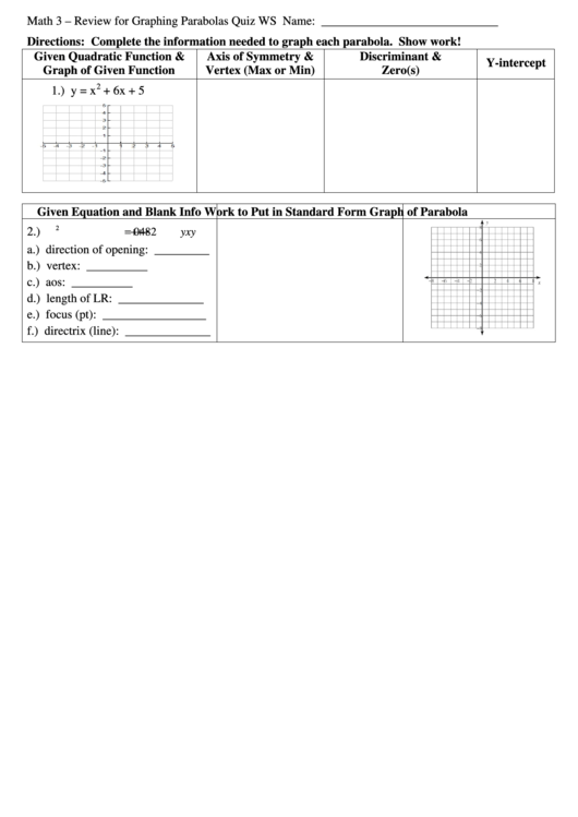 Review For Graphing Parabolas Printable pdf