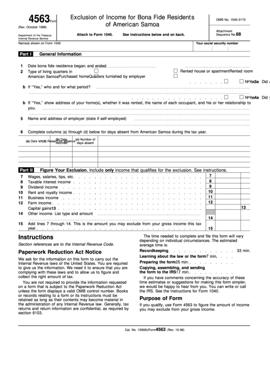 Form 4563 - Exclusion Of Income For Bona Fide Residents Of American Samoa Printable pdf