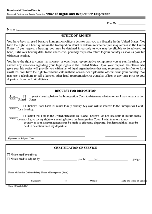 Form I-826 - Notice Of Rights And Request For Disposition Printable pdf