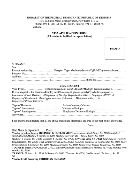 Visa Application Form - Embassy Of The Federal Democratic Republic Of Ethiopia Printable pdf