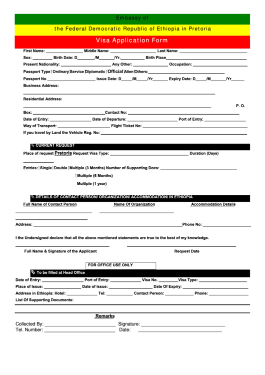 Visa Application Form - Embassy Of The Federal Democratic Republic Of Ethiopia In Pretoria Printable pdf