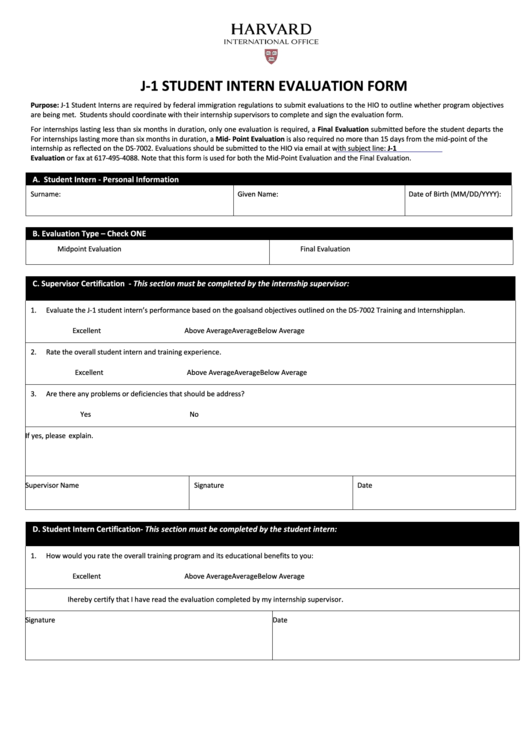 Fillable J-1 Student Intern Evaluation Form Printable pdf