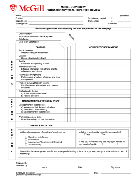 Fillable Probationary/trial Employee Review Printable pdf