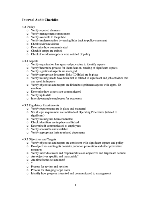Internal Audit Checklist Printable pdf