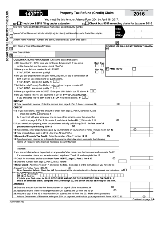 Arizona Form 140ptc - Property Tax Refund (Credit) Claim - 2016 Printable pdf