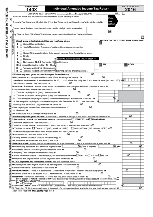 Fillable Arizona Form 140x - Individual Amended Income Tax Return - 2016 Printable pdf