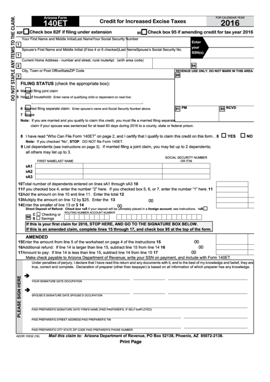Fillable Arizona Form 140et - Credit For Increased Excise Taxes - 2016 Printable pdf