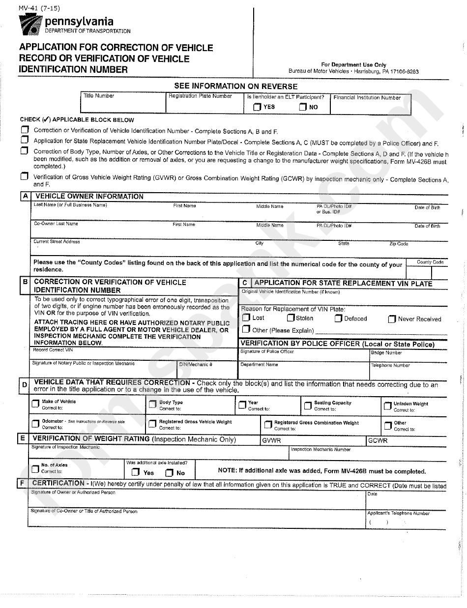 Form Mv 41 Application For Correction Of Vehicle Record Or 
