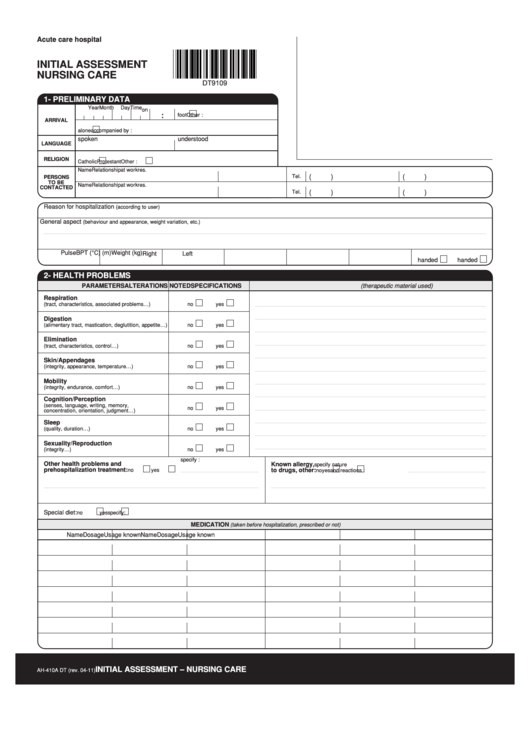 Initial Assessment Nursing Care Printable pdf