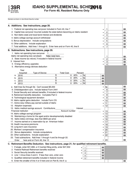 Fillable Form 39r - Idaho Supplemental Schedule For Form 40 - 2016 Printable pdf