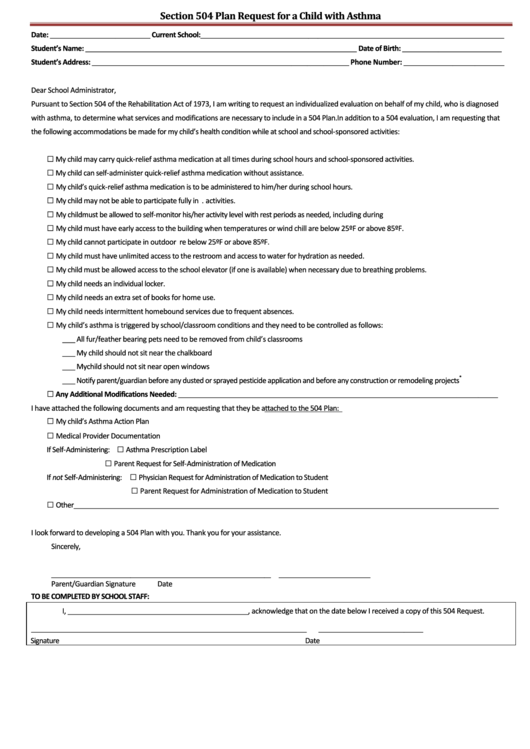 Section 504 Plan Request For A Child With Asthma printable pdf download