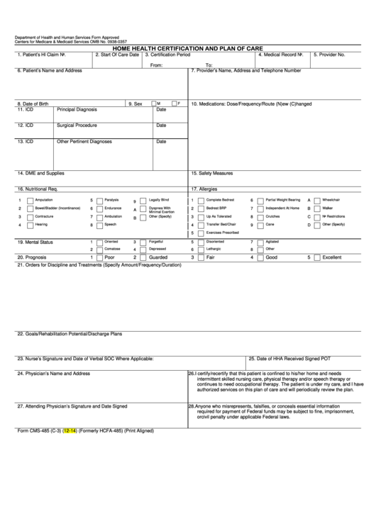 Home Health Certification And Plan Of Care printable pdf download