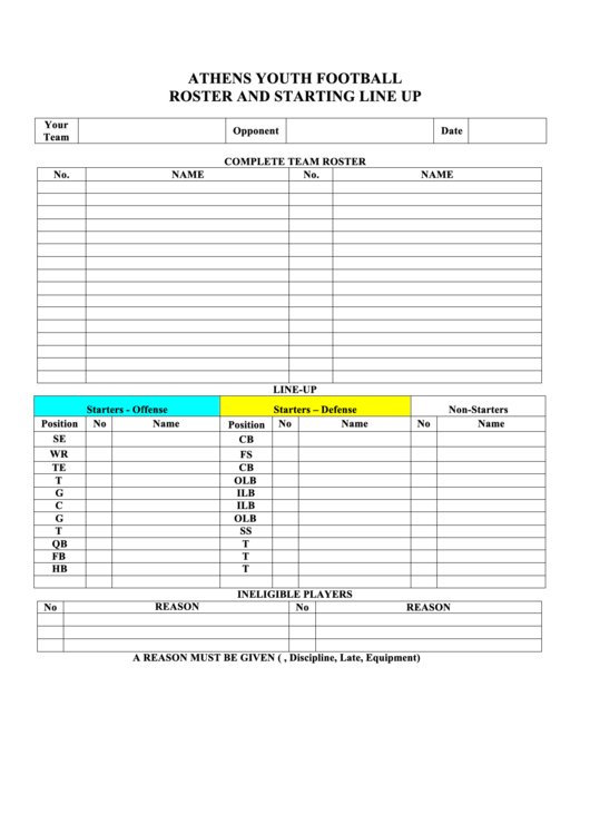 Athens Youth Football Roster And Starting Line Up Printable pdf