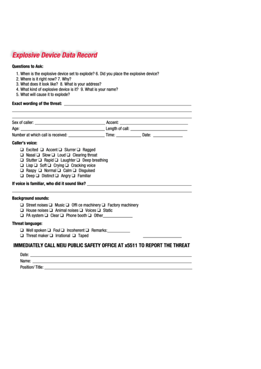 Call Log - Explosive Device Printable pdf