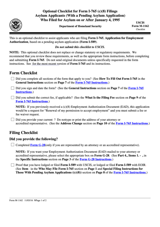 Uscis Form M-1162 - Optional Checklist For Form I-765 (C)(8) Filings Printable pdf
