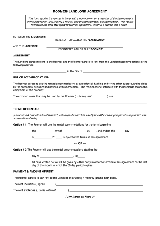 Roomer/landlord Agreement Printable pdf