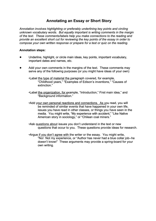 Annotating An Essay Or Short Story Instructions Printable pdf